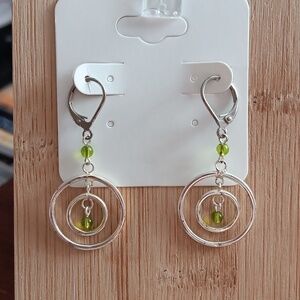 Silver Tone Double Ring  Green Beaded Dangle Earrings